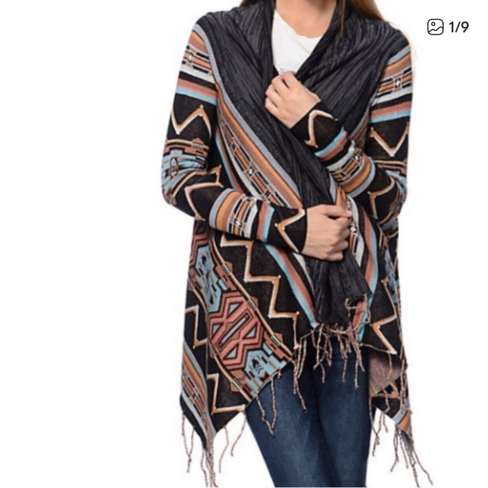 Billabong Multicolor Tribal Fringe Hi Lo Cardigan